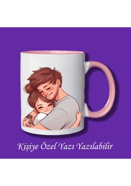 Sevgili ve Eşlere Özel Sarılan Sevgili Tasarımlı Isim ve Yazı Yazılabilir Renkli Kupa Bardak