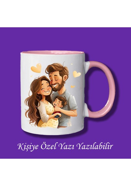 Isme Özel 3 Kişilik Aile Resmi Baskılı Renkli Kupa Bardak