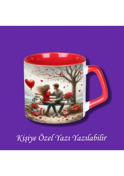 Sevgili ve Çiftlere Özel Bankta Oturan Sevgili ve Köpek Tasarımlı Isim Yazılabilir Kupa Bardak