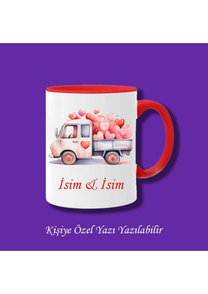 Sevgililere ve Eşlere Özel Sevgi Kamyonu Tasarımlı Isim ve Yazı Yazılabilir Renkli Kupa Bardak