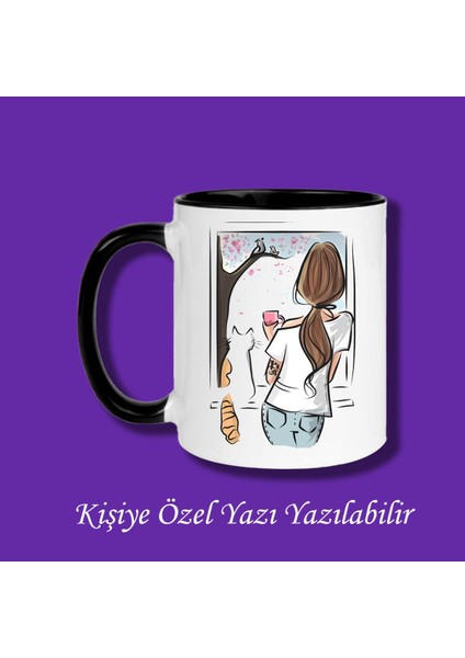 Pencereden Bakan Kedi ve Kız Tasarımlı Isim Yazı Yazılabilir Kişiye Özel Kupa Bardak