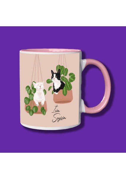 Kedilere Özel Beyaz ve Siyah Kedi Tasarımlı Pembe Kupa Bardak