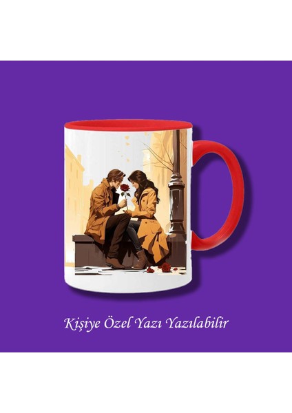Sevgili ve Çiftlere Özel Bankta Oturan Sevgililer Tasarımlı Renkli Kupa Bardak Modelleri