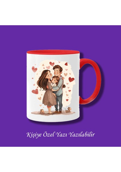 Isme Özel 3 Kişilik Aile Resmi Baskılı Renkli Kupa Bardak
