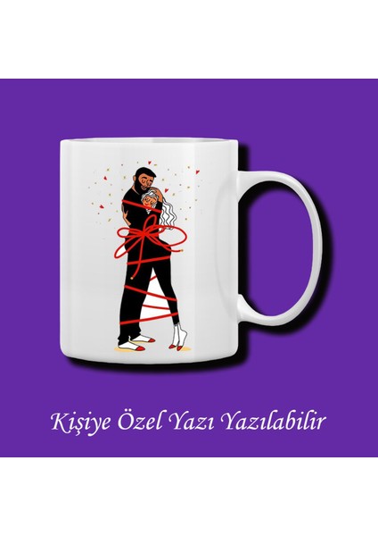 Sevgili ve Çiftlere Özel Birbirine Bağlı Sevgili Tasarımlı Çiftyön Baskılı Renkli Kupa Bardak