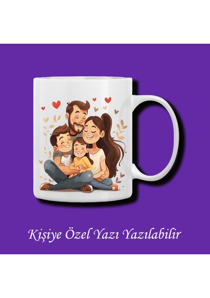 Isme Özel 4 Kişilik Aile Resmi Baskılı Renkli Kupa Bardak