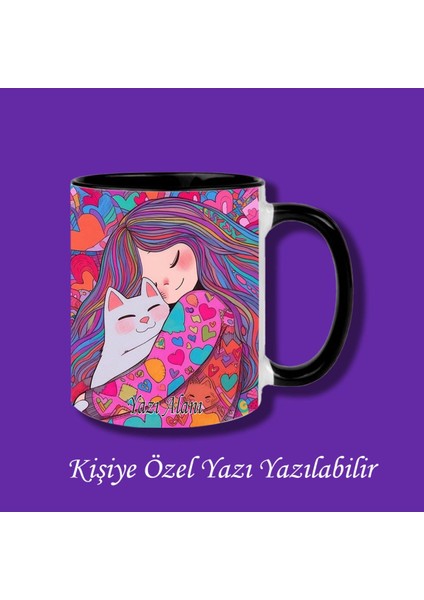Isimli ve Kişiye Özel Kedi ve Kız Tasarımlı Kupa Bardak