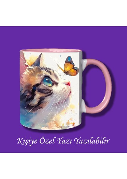 Kişiye Özel Baskılı Kedili Kelebek Tasarımlı Yazı Yazılabilir Renkli Kupa Bardak