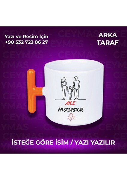 Kişiye Özel Isimli Aile Huzurdur Baskılı Hediyelik Renkli Kupa Bardak