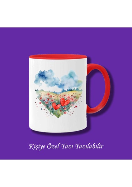 Kişiye Özel Kalpli Manzara Tasarımlı Sevgili ve Eşlere Özel Isim Yazılabilir Renkli Kupa Bardak