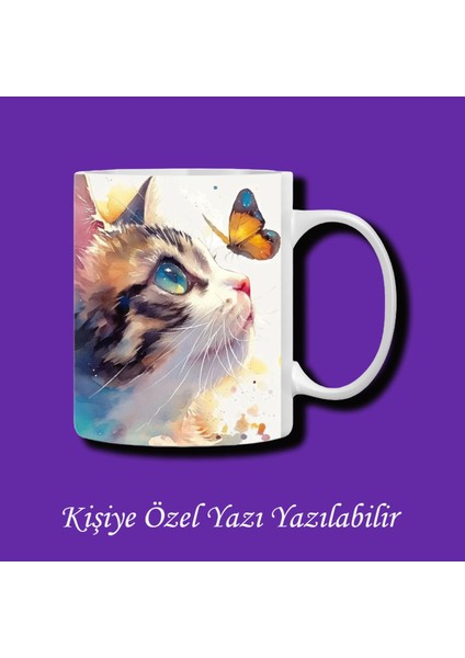 Kişiye Özel Baskılı Kedili Kelebek Tasarımlı Yazı Yazılabilir Renkli Kupa Bardak