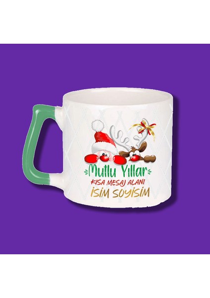 Kişiye Özel Yeni Yıl Tasarımlı Yeşil Kulplu Mutlu Yıllar Kupa Bardak