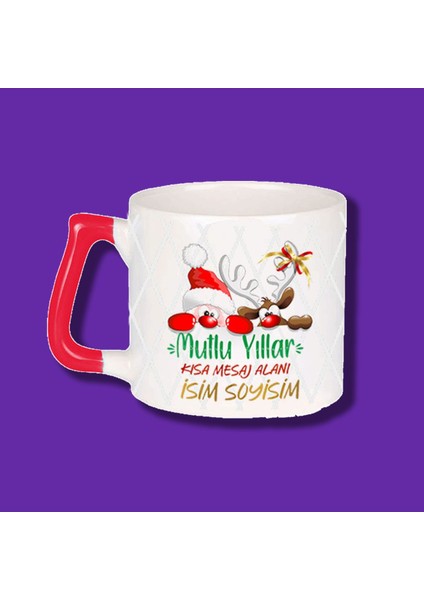 Kişiye Özel Yeni Yıl Tasarımlı Kırmızı Kulplu Mutlu Yıllar Kupa Bardak
