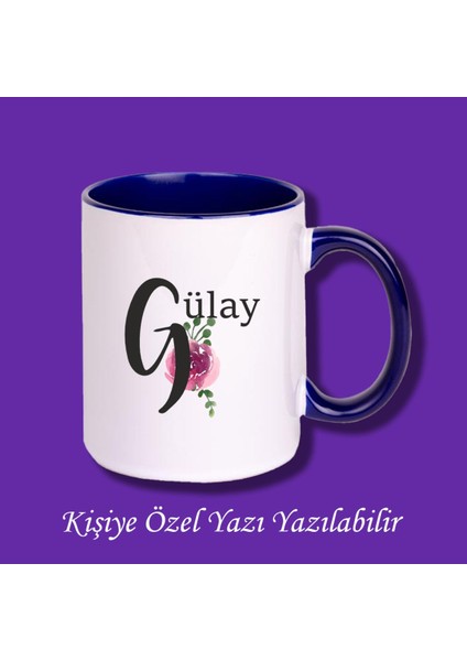 Isme Özel Baş Harf ve Isim Baskılı Çiçek Desenli Renkli Kupa Bardak ve Kahve Fincanı