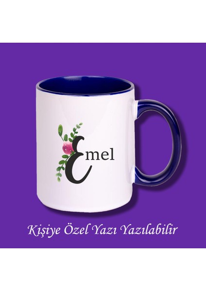 Isme Özel Baş Harf ve Isim Baskılı Çiçek Desenli Renkli Kupa Bardak ve Kahve Fincanı