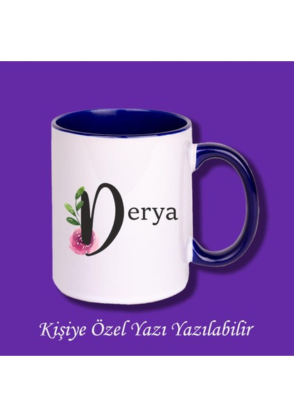 Isme Özel Baş Harf ve Isim Baskılı Çiçek Desenli Renkli Kupa Bardak ve Kahve Fincanı