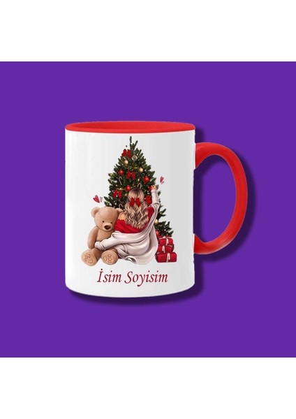 Kişiye ve Isme Özel Yılbaşı Tasarımlı Çam Ağacı ve Ayıcıklı Kız Kupa Bardak