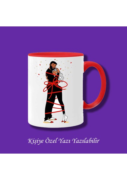 Sevgili ve Çiftlere Özel Birbirine Bağlı Sevgili Tasarımlı Çiftyön Baskılı Renkli Kupa Bardak