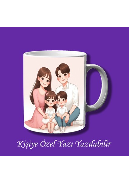 Isme Özel 4 Kişilik Aile Resmi Baskılı Renkli Kupa Bardak