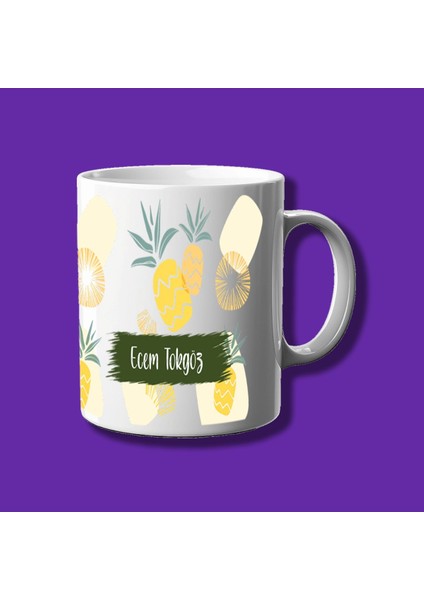 Kişiye Özel Ananas Tasarımlı Isim Yazı Yazılabilir Çiftyön Baskılı Kupa Bardak