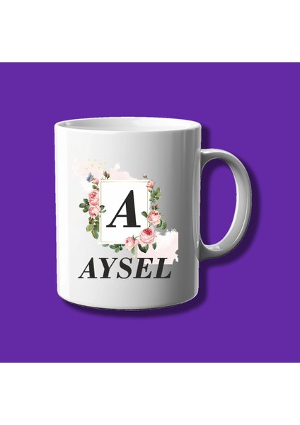 Kişiye Özel Çiçekli Çerçeve Tasarımlı Harf Isim Kupası - Hediyelik Eko Kupa Bardak