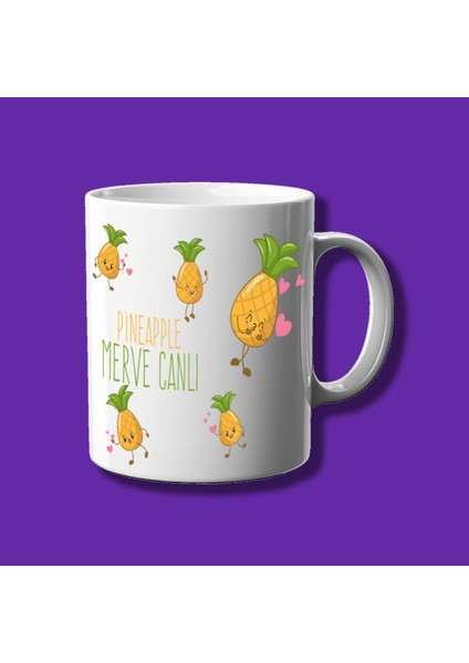 Kişiye Özel Ananas Tasarımlı Isim Yazı Yazılabilir Çiftyön Baskılı Kupa Bardak