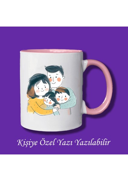 Isme Özel 4 Kişilik Aile Resmi Baskılı Renkli Kupa Bardak