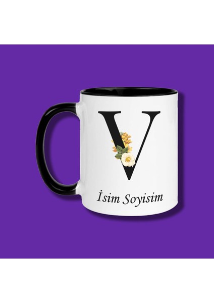 Kişiye Özel V Harfli Çiçek Tasarımlı Isme Özel Siyah Kupa Bardak