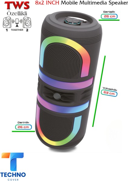 Bluetooth Özellikli Ses Bombası 8x2 Inch Rgb Işıklı Speaker (Kln-210)