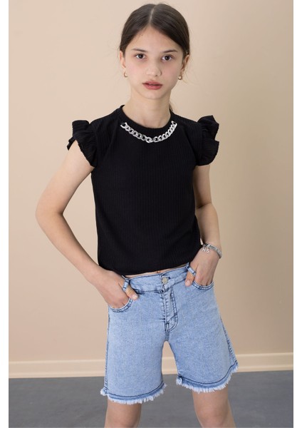 Payetli Jean Şortlu Siyah Kolye Detaylı Badili Kız Çocuk 2li Takım 21110 fiyatları