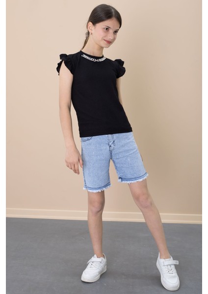 Payetli Jean Şortlu Siyah Kolye Detaylı Badili Kız Çocuk 2li Takım 21110 modelleri