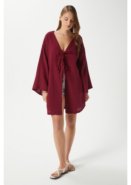 Kadın Sandra %100 Pamuk Müslin Bağcıklı Bordo Kimono