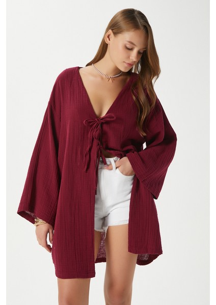 Kadın Sandra %100 Pamuk Müslin Bağcıklı Bordo Kimono