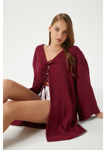 Kadın Sandra %100 Pamuk Müslin Bağcıklı Bordo Kimono