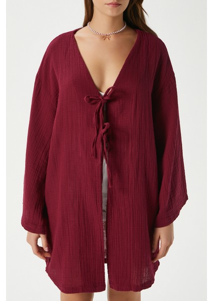 Kadın Sandra %100 Pamuk Müslin Bağcıklı Bordo Kimono