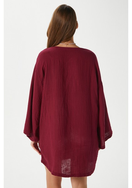 Kadın Sandra %100 Pamuk Müslin Bağcıklı Bordo Kimono