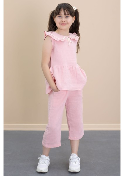 Pembe Sıfır Kol Bebe Yaka Bluzlu Pantolonlu Kız Çocuk 2li Takım 21028