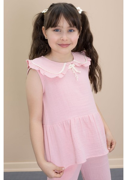 Pembe Sıfır Kol Bebe Yaka Bluzlu Pantolonlu Kız Çocuk 2li Takım 21028 fiyatları