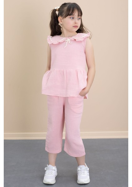 Pembe Sıfır Kol Bebe Yaka Bluzlu Pantolonlu Kız Çocuk 2li Takım 21028 modelleri