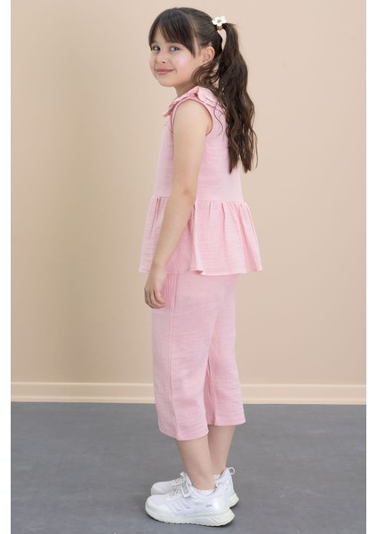 Pembe Sıfır Kol Bebe Yaka Bluzlu Pantolonlu Kız Çocuk 2li Takım 21028 fırsatları