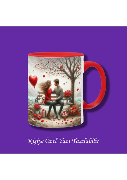 Sevgili ve Çiftlere Özel Bankta Oturan Sevgili ve Köpek Tasarımlı Isim Yazılabilir Kupa Bardak
