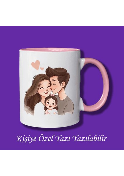 Isme Özel 3 Kişilik Aile Resmi Baskılı Renkli Kupa Bardak