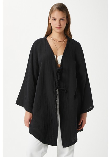 Kadın Sandra %100 Pamuk Müslin Bağcıklı Siyah Kimono
