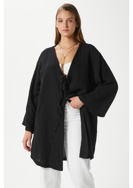 Kadın Sandra %100 Pamuk Müslin Bağcıklı Siyah Kimono