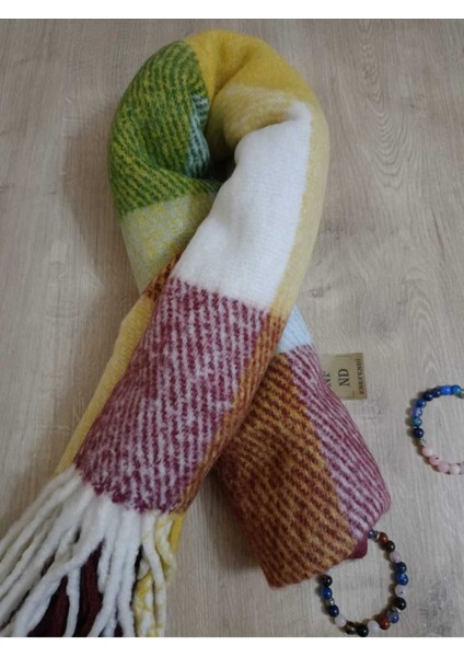 Omuz Şalı - Atkı Renkli Kareli Bordoyeşilsarı Yumuşak, Çift Taraflı Pofidik Kışlık ,sıcak 45 x 185