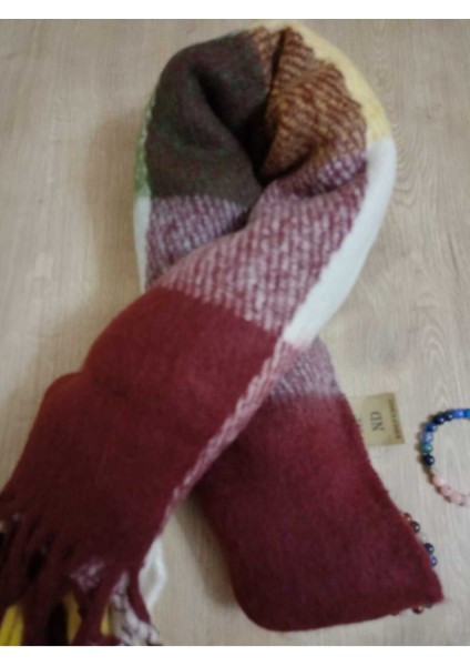 Omuz Şalı - Atkı Renkli Kareli Bordoyeşilsarı Yumuşak, Çift Taraflı Pofidik Kışlık ,sıcak 45 x 185 modelleri