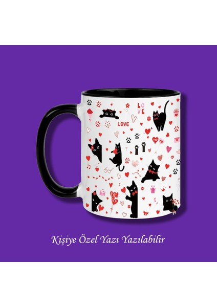 Sevgili, Eş ve Çiftlere Özel Kedi ve Aşk Tasarımlı Çiftyön Baskılı Yazı Yazılabilir Kupa Bardak