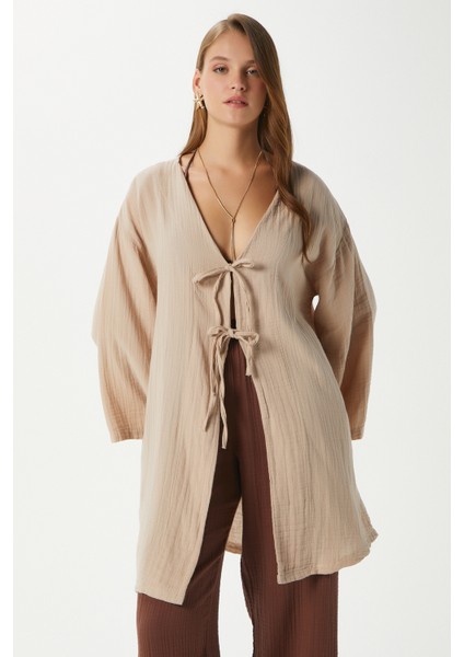 Kadın Sandra %100 Pamuk Müslin Bağcıklı Bej Kimono