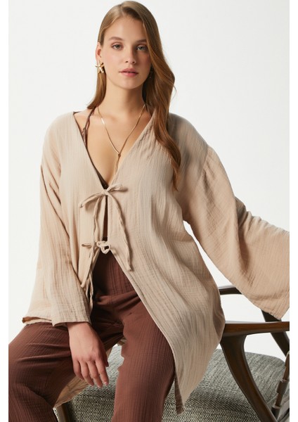 Kadın Sandra %100 Pamuk Müslin Bağcıklı Bej Kimono