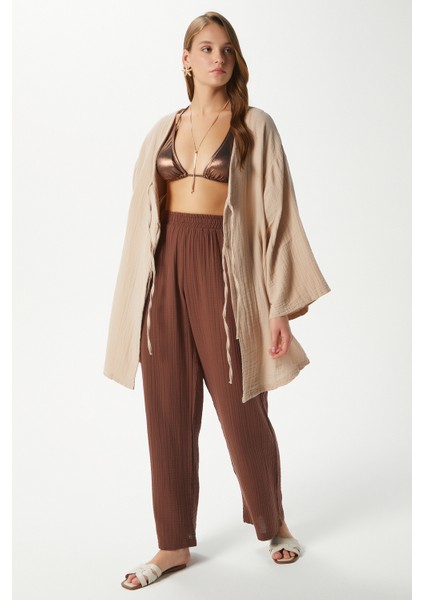 Kadın Sandra %100 Pamuk Müslin Bağcıklı Bej Kimono